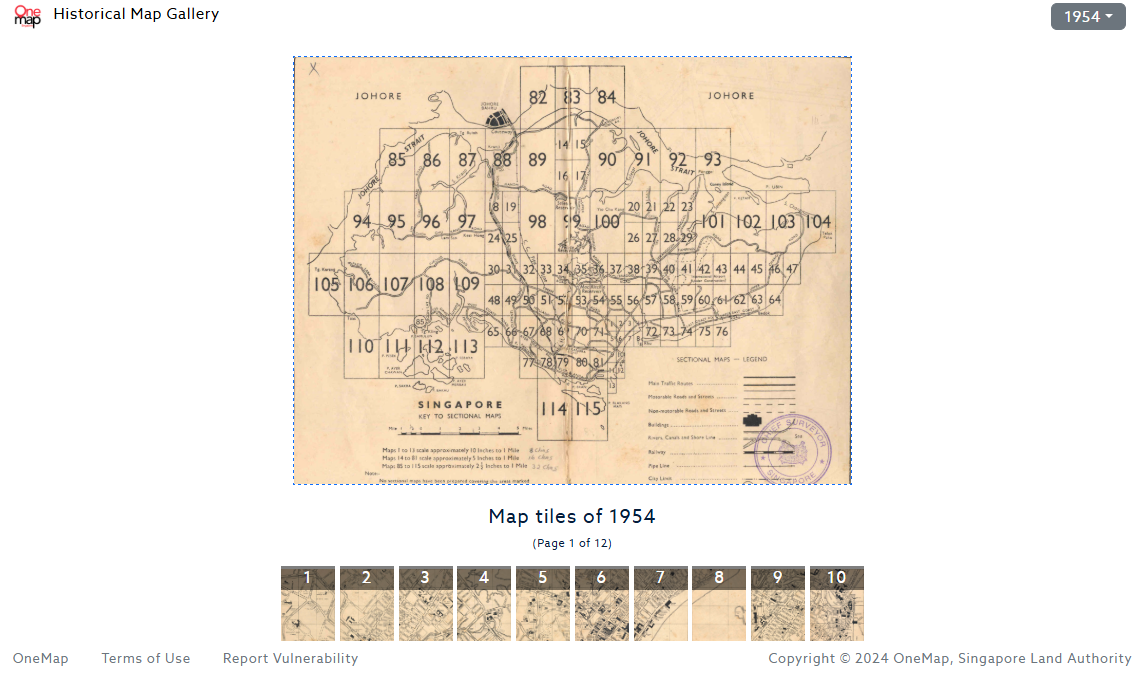 The current rendition of the One Historical Map, which offers viewers the map (and map tiles) of Singapore since 1954 